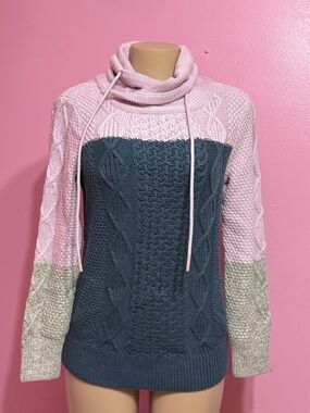 LL Bean Signature Sweater Cable Knit Cowl Neck Cotton Small S Colorblock Women's